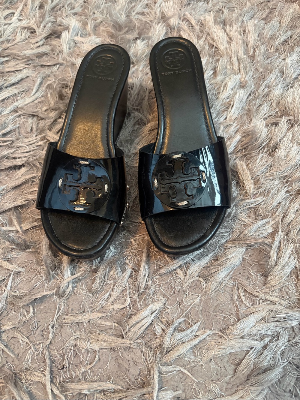 Tory Burch Black Patent Logo Slide Mules with Medallion